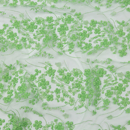 3D Puffy Glitter Tulle - Bright Mint Floral Stripes
