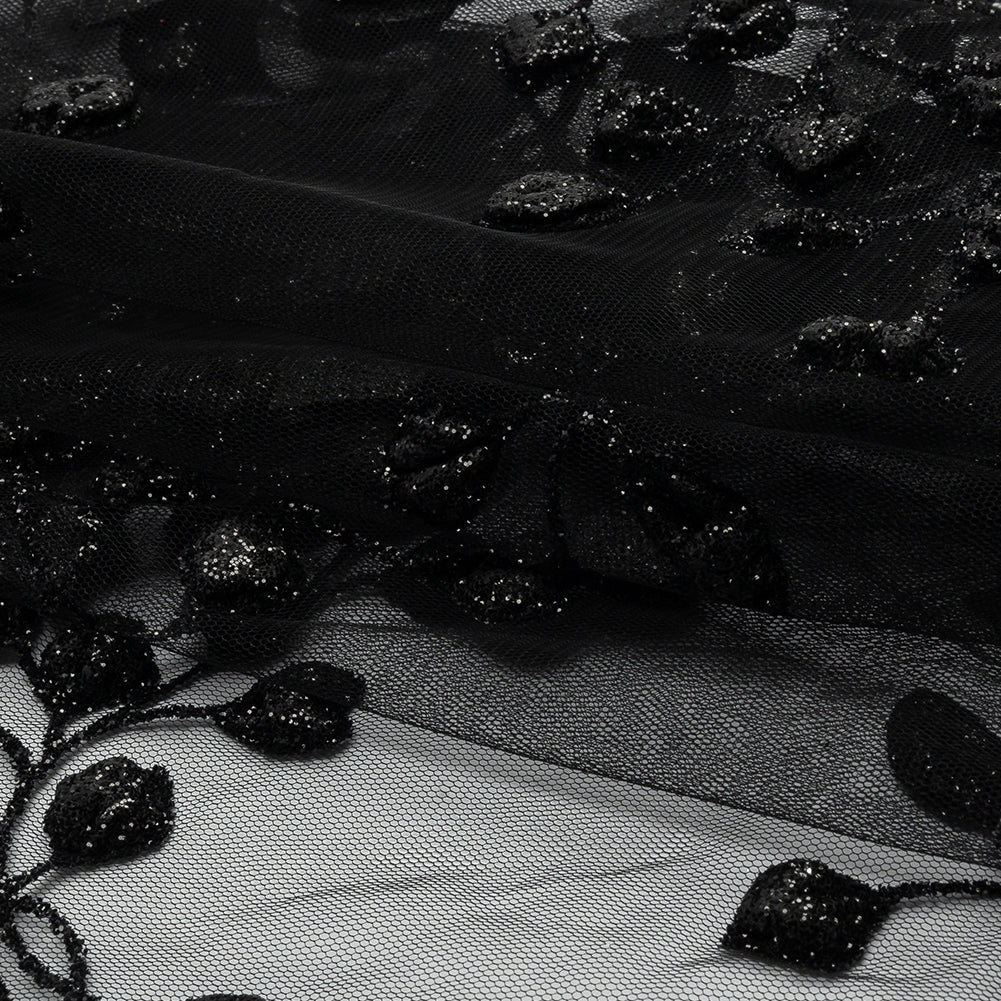 3D Puffy Glitter Tulle - Black Leafy Vines and Scalloped Borders