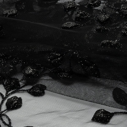 3D Puffy Glitter Tulle - Black Leafy Vines and Scalloped Borders