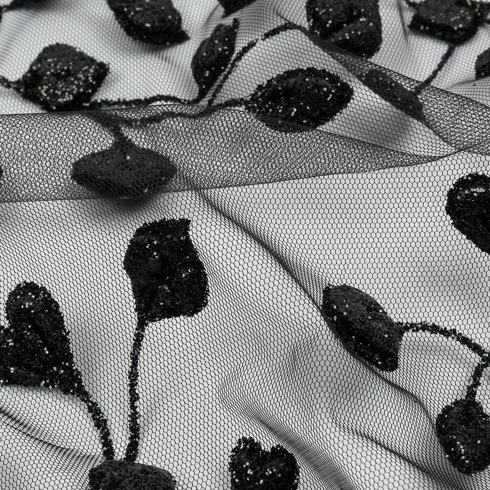 3D Puffy Glitter Tulle - Black Leafy Vines and Scalloped Borders