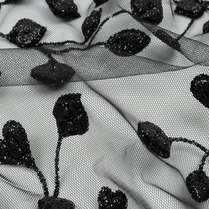3D Puffy Glitter Tulle - Black Leafy Vines and Scalloped Borders