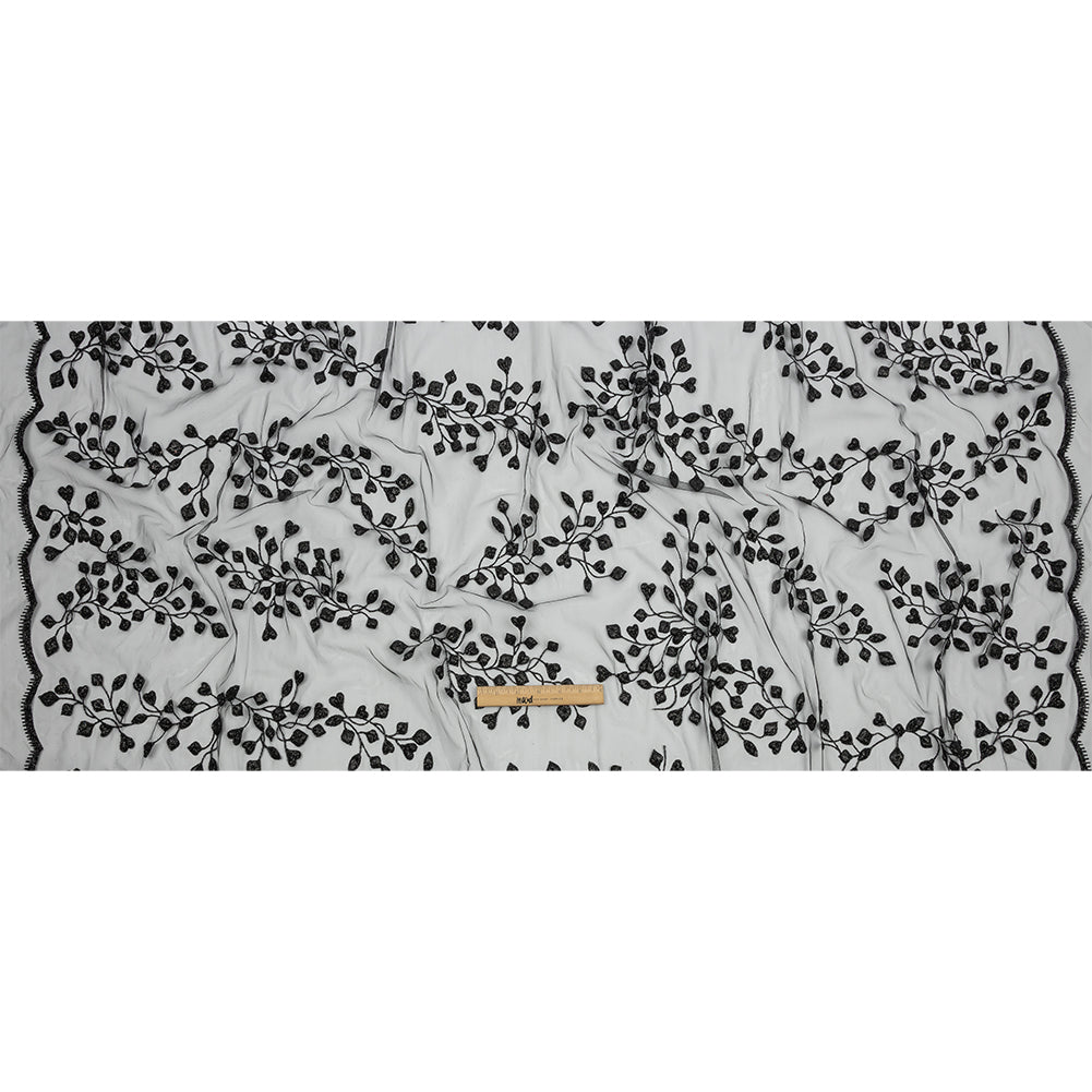 3D Puffy Glitter Tulle - Black Leafy Vines and Scalloped Borders