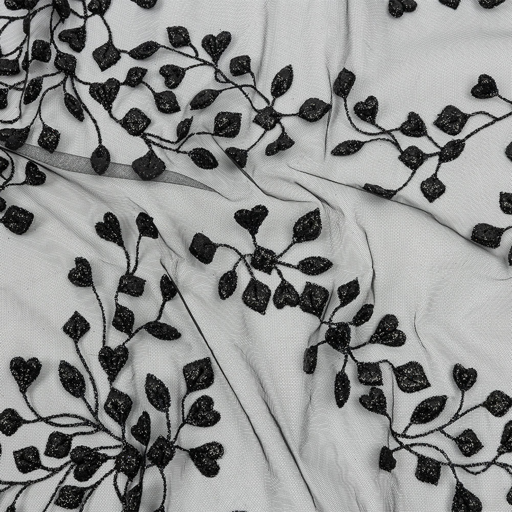 3D Puffy Glitter Tulle - Black Leafy Vines and Scalloped Borders