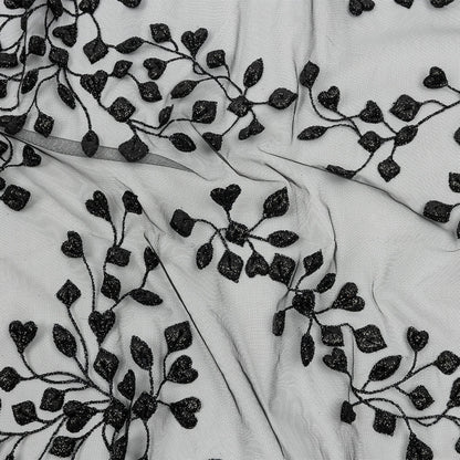 3D Puffy Glitter Tulle - Black Leafy Vines and Scalloped Borders