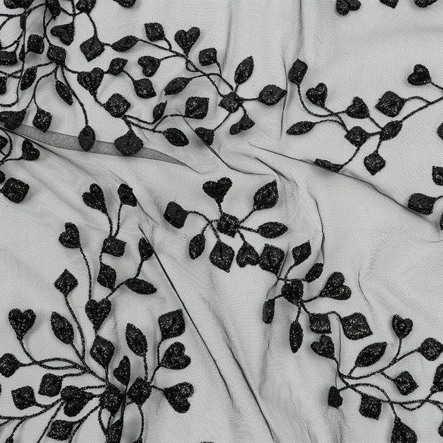3D Puffy Glitter Tulle - Black Leafy Vines and Scalloped Borders