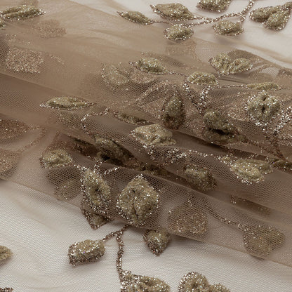 3D Puffy Glitter Tulle - Taupe Leafy Vines and Scalloped Borders