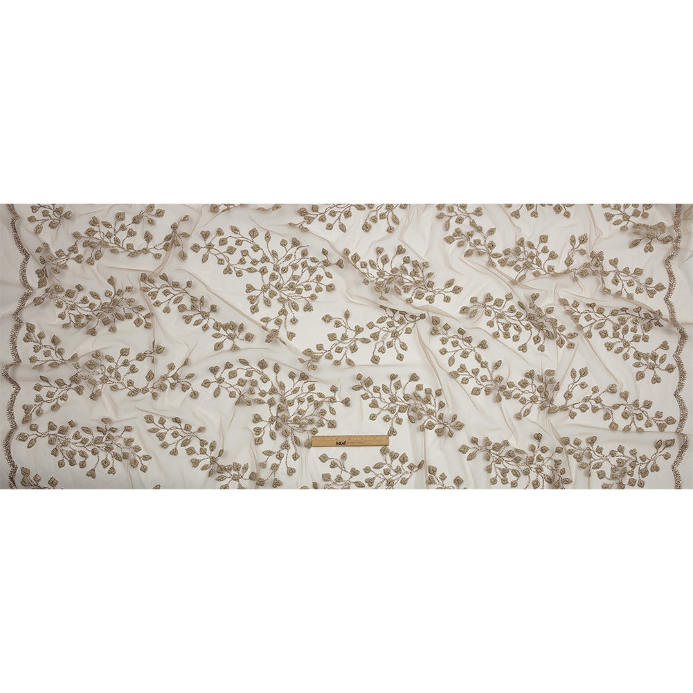 3D Puffy Glitter Tulle - Taupe Leafy Vines and Scalloped Borders