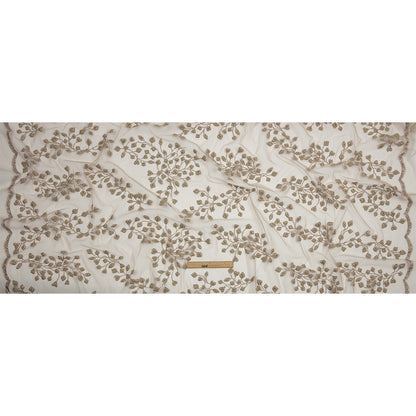 3D Puffy Glitter Tulle - Taupe Leafy Vines and Scalloped Borders