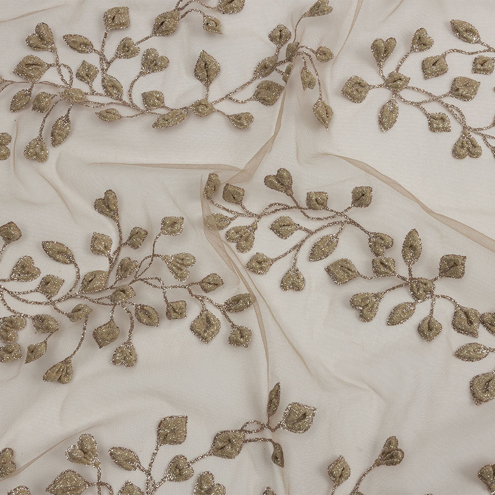 3D Puffy Glitter Tulle - Taupe Leafy Vines and Scalloped Borders