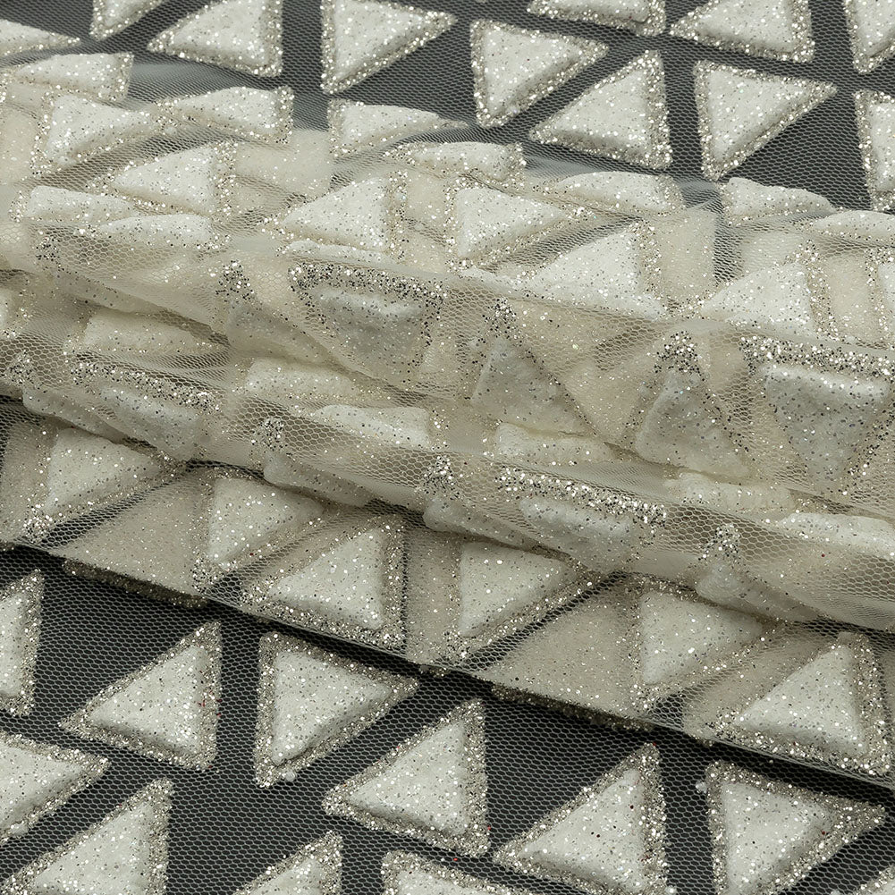 3D Puffy Glitter Tulle - Brilliant White Triangle Rows - Folded