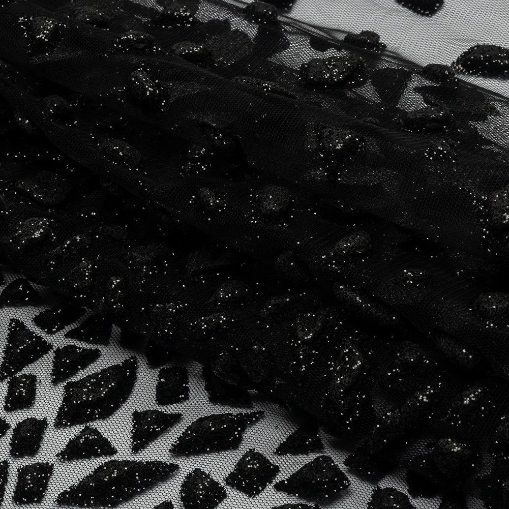 3D Puffy Glitter Tulle - Black Geometric Gradient