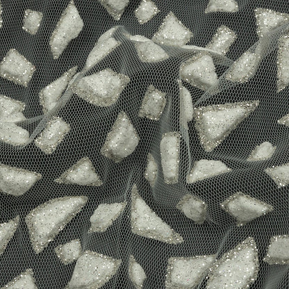 3D Puffy Glitter Tulle - Off White Geometric Gradient