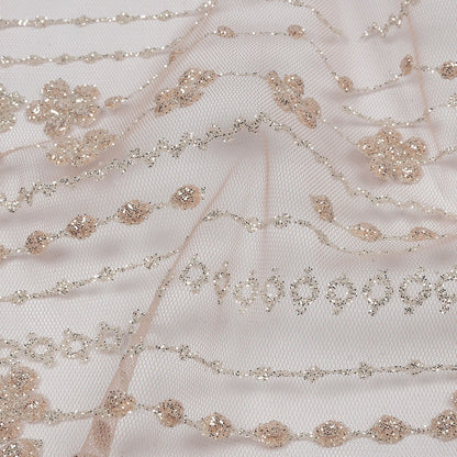 3D Puffy Glitter Tulle - Powder Pink and Silver Dotted Stripes and Floral Border