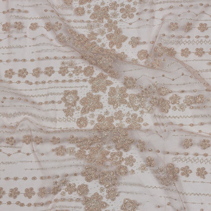 3D Puffy Glitter Tulle - Powder Pink and Silver Dotted Stripes and Floral Border