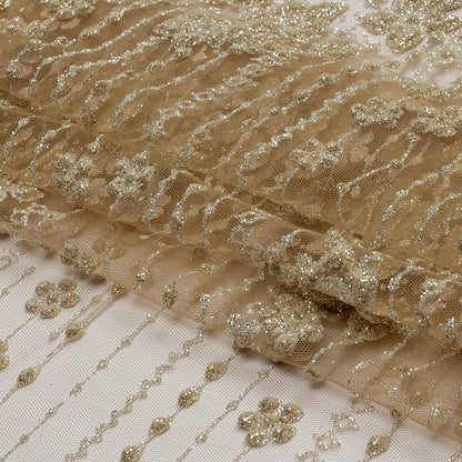 3D Puffy Glitter Tulle - Tan and Silver Dotted Stripes and Floral Border