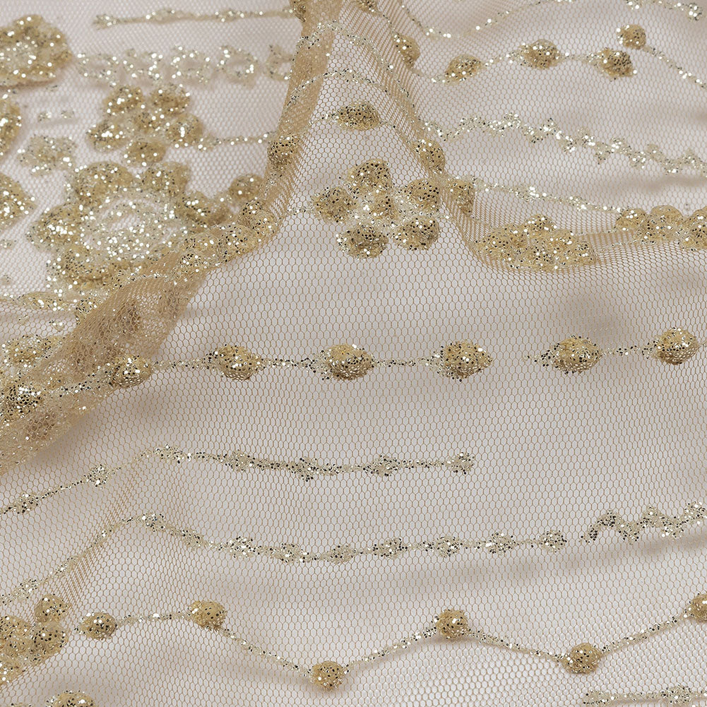 3D Puffy Glitter Tulle - Tan and Silver Dotted Stripes and Floral Border