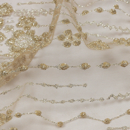 3D Puffy Glitter Tulle - Tan and Silver Dotted Stripes and Floral Border