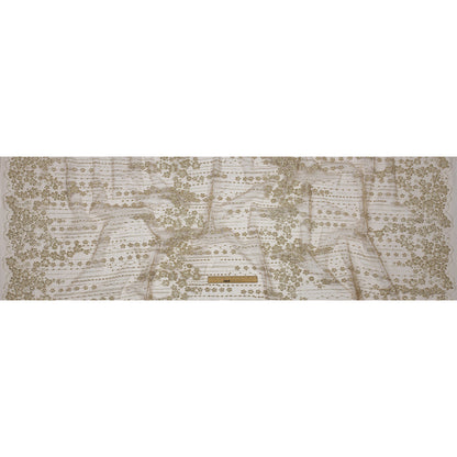 3D Puffy Glitter Tulle - Tan and Silver Dotted Stripes and Floral Border