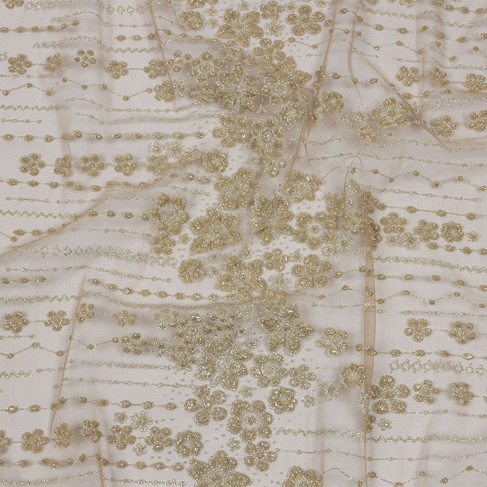 3D Puffy Glitter Tulle - Tan and Silver Dotted Stripes and Floral Border