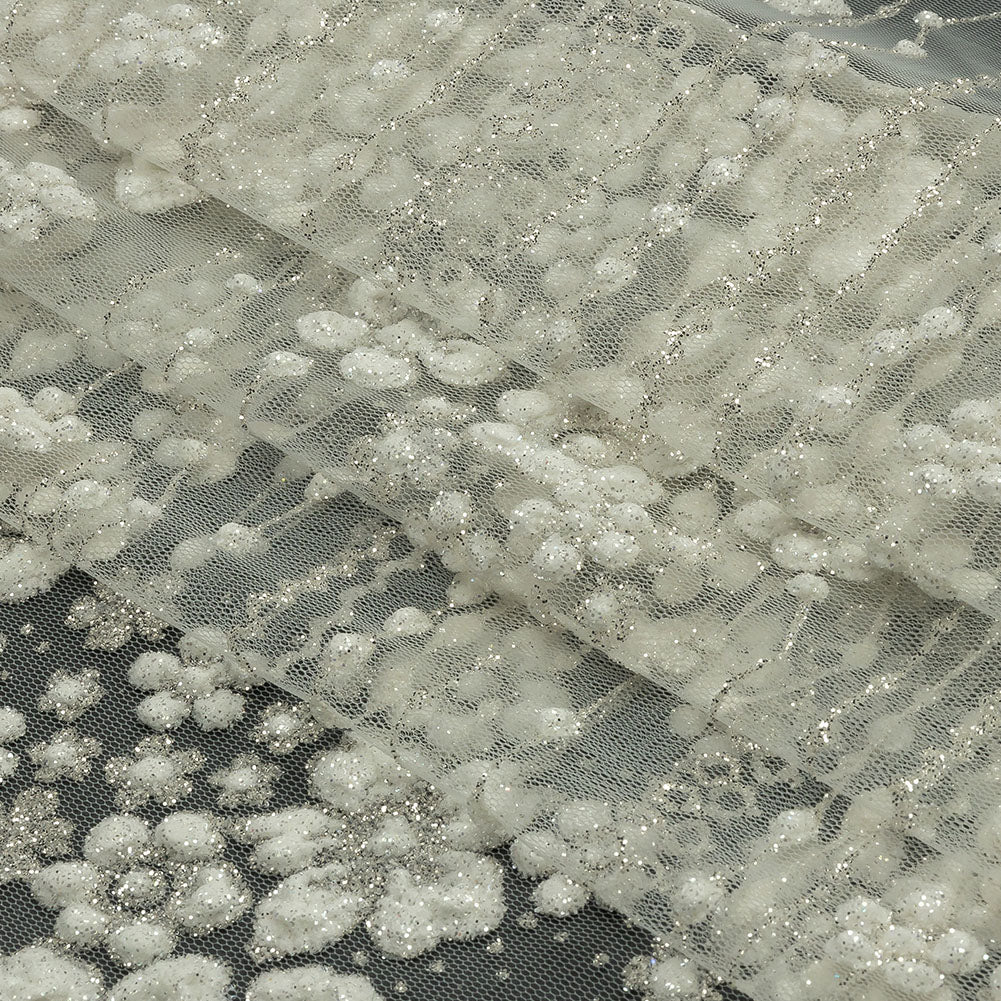 3D Puffy Glitter Tulle - White and Silver Dotted Stripes and Floral Border - Folded