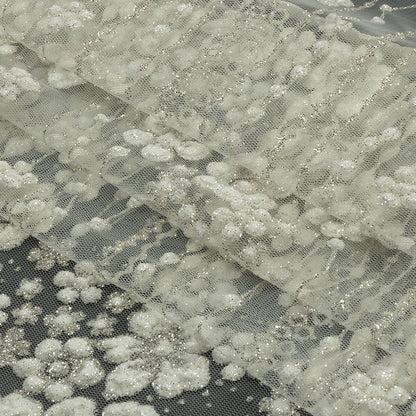 3D Puffy Glitter Tulle - White and Silver Dotted Stripes and Floral Border