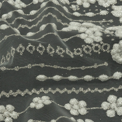3D Puffy Glitter Tulle - White and Silver Dotted Stripes and Floral Border