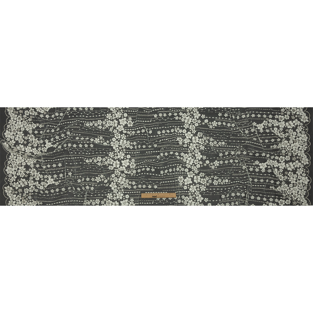 3D Puffy Glitter Tulle - White and Silver Dotted Stripes and Floral Border - Full