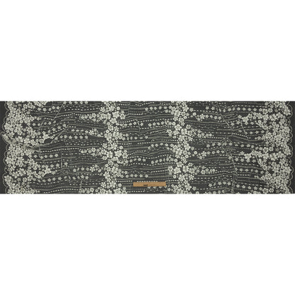 3D Puffy Glitter Tulle - White and Silver Dotted Stripes and Floral Border