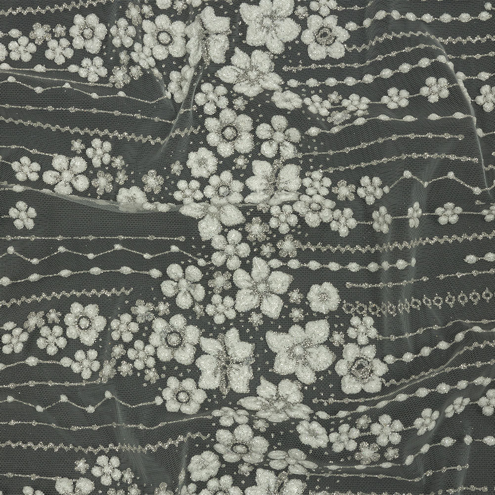 3D Puffy Glitter Tulle - White and Silver Dotted Stripes and Floral Border