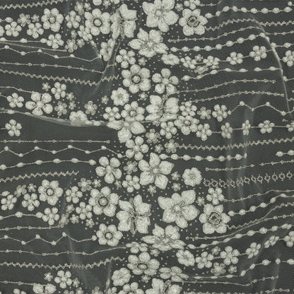 3D Puffy Glitter Tulle - White and Silver Dotted Stripes and Floral Border