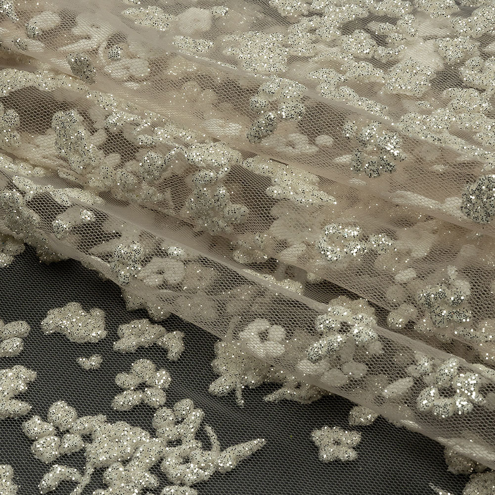 3D Puffy Glitter Tulle - Champagne and White Floral