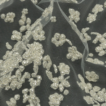 3D Puffy Glitter Tulle - White Floral