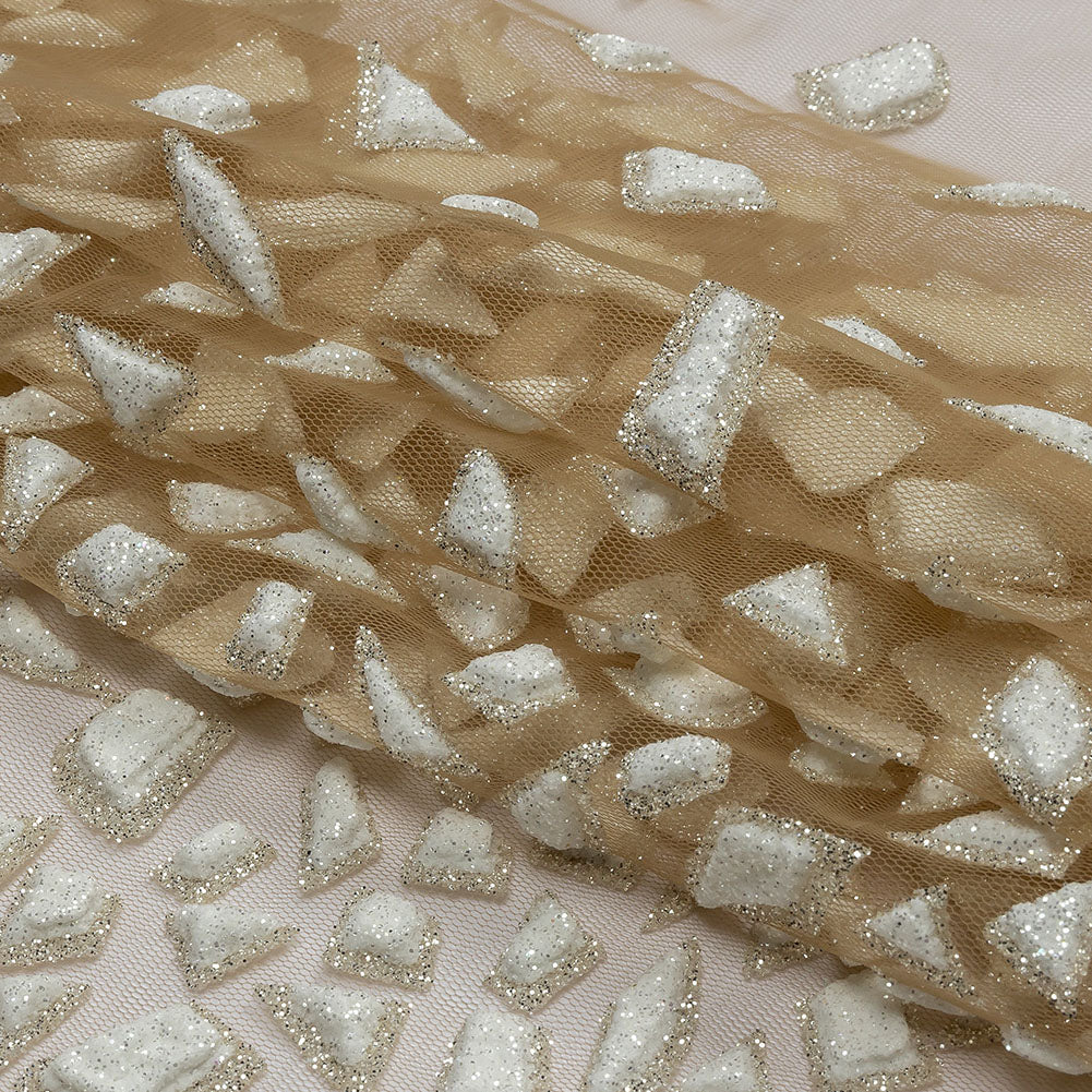 3D Puffy Glitter Tulle - Caramel and White Geometric Gradient - Folded