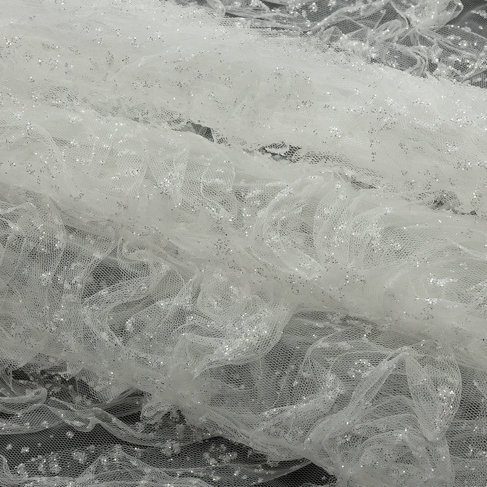 3D Fabric Roses Glitter Tulle - White