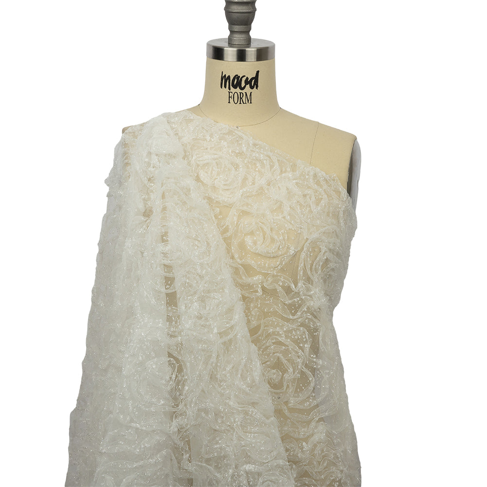 3D Fabric Roses Glitter Tulle - White