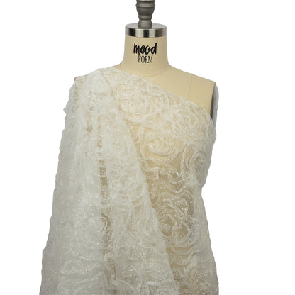 3D Fabric Roses Glitter Tulle - White
