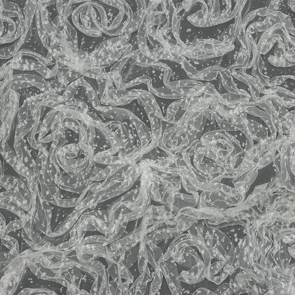 3D Fabric Roses Glitter Tulle - White