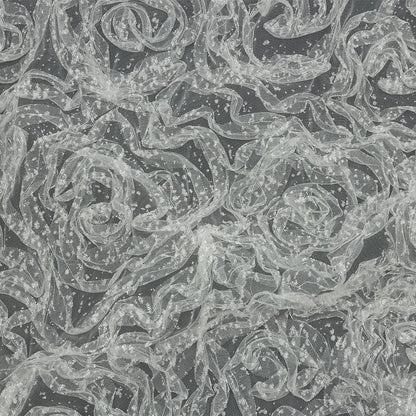 3D Fabric Roses Glitter Tulle - White