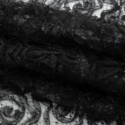 3D Fabric Roses Glitter Tulle - Black