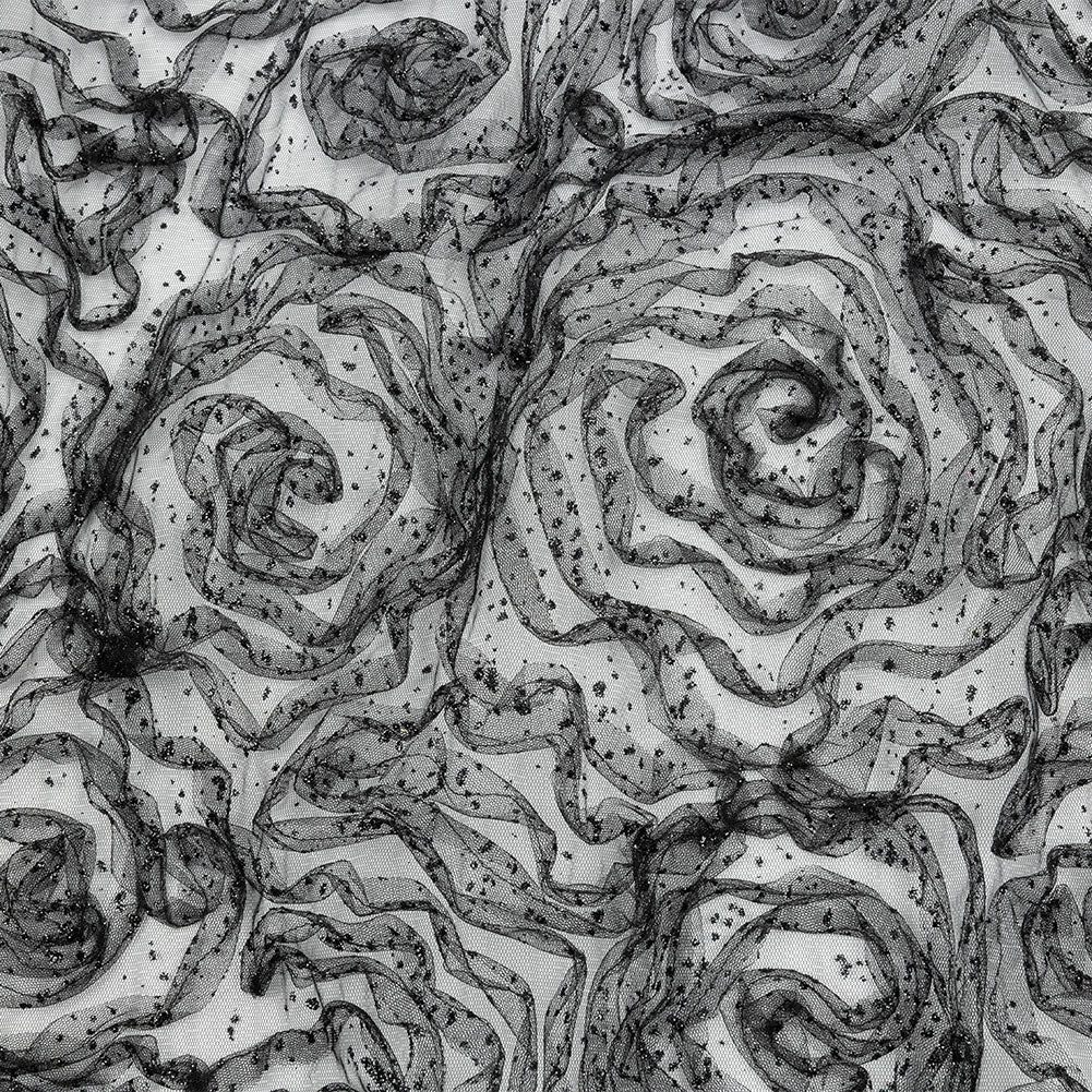 3D Fabric Roses Glitter Tulle - Black