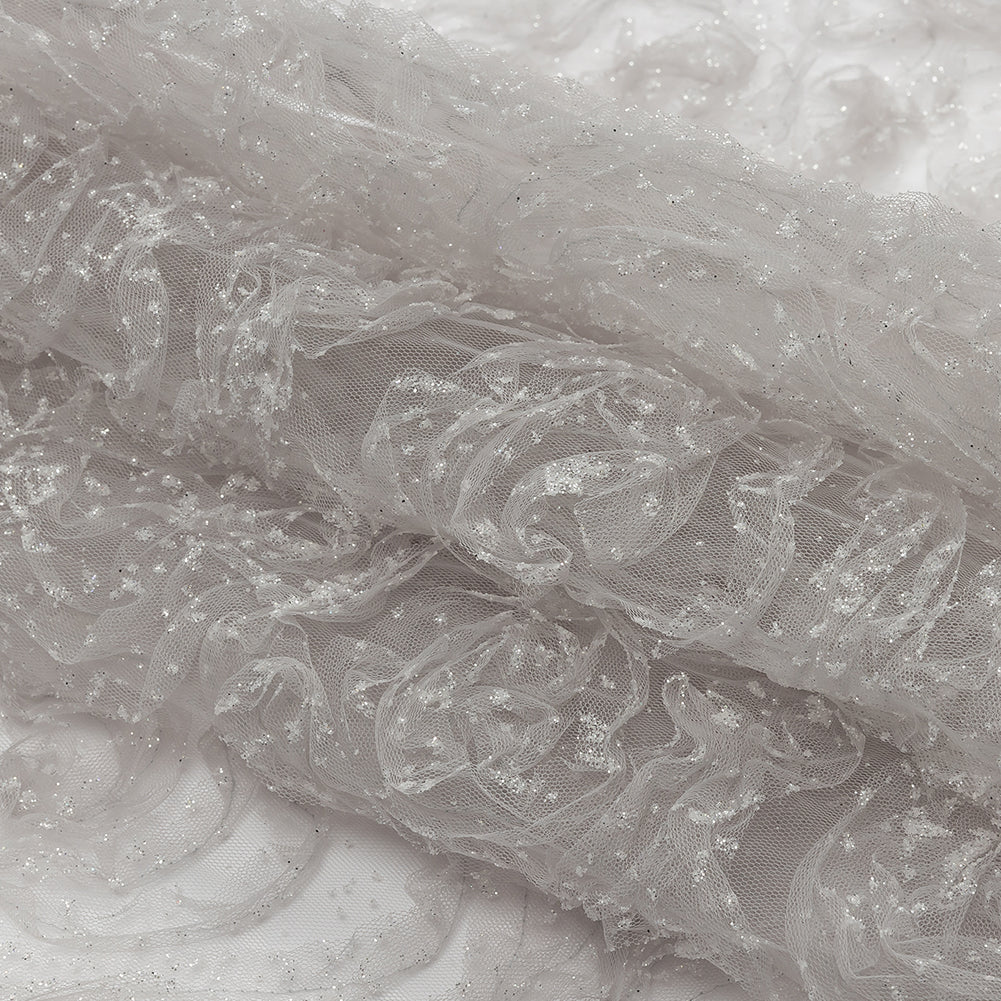 3D Fabric Roses Glitter Tulle - Light Gray
