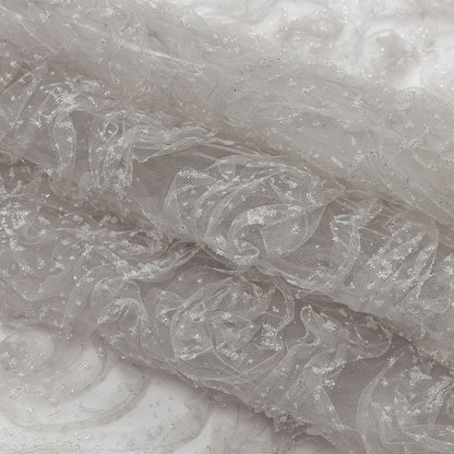 3D Fabric Roses Glitter Tulle - Light Gray