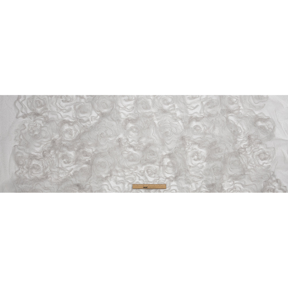 3D Fabric Roses Glitter Tulle - Light Gray