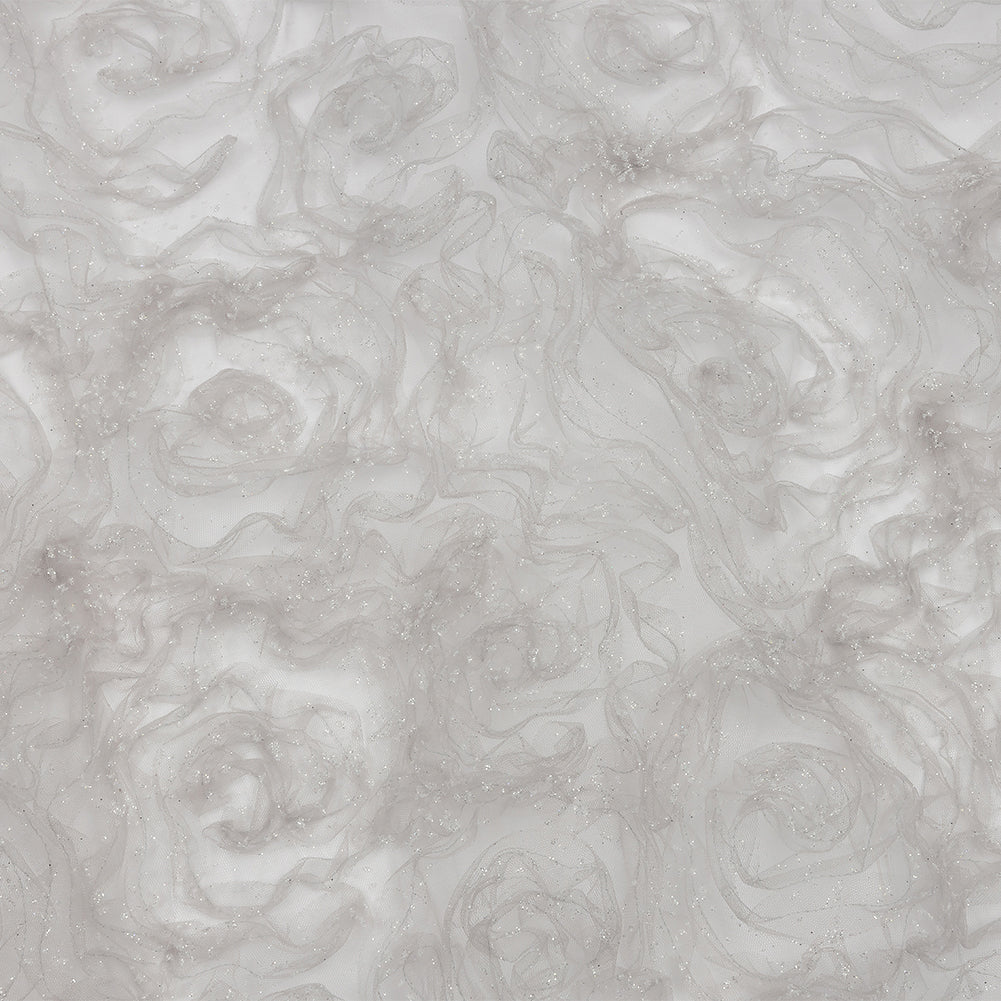 3D Fabric Roses Glitter Tulle - Light Gray