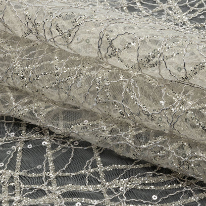 Corded Glitter Tulle with Sequins - White and Metallic Silver Abstract