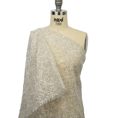 Corded Glitter Tulle with Sequins - White and Metallic Silver Abstract
