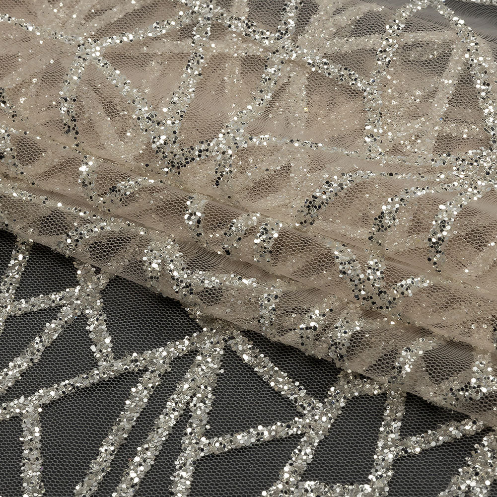Glitter Tulle - Champagne and Silver Linear Geometry