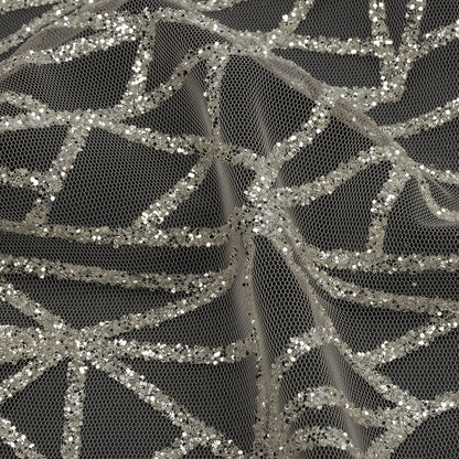 Glitter Tulle - Champagne and Silver Linear Geometry