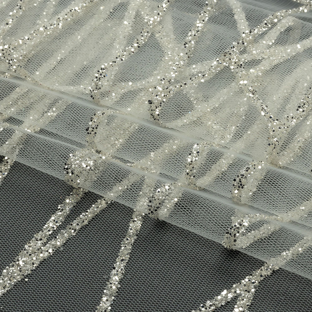 Glitter Tulle - White and Silver Linear Geometry - Folded