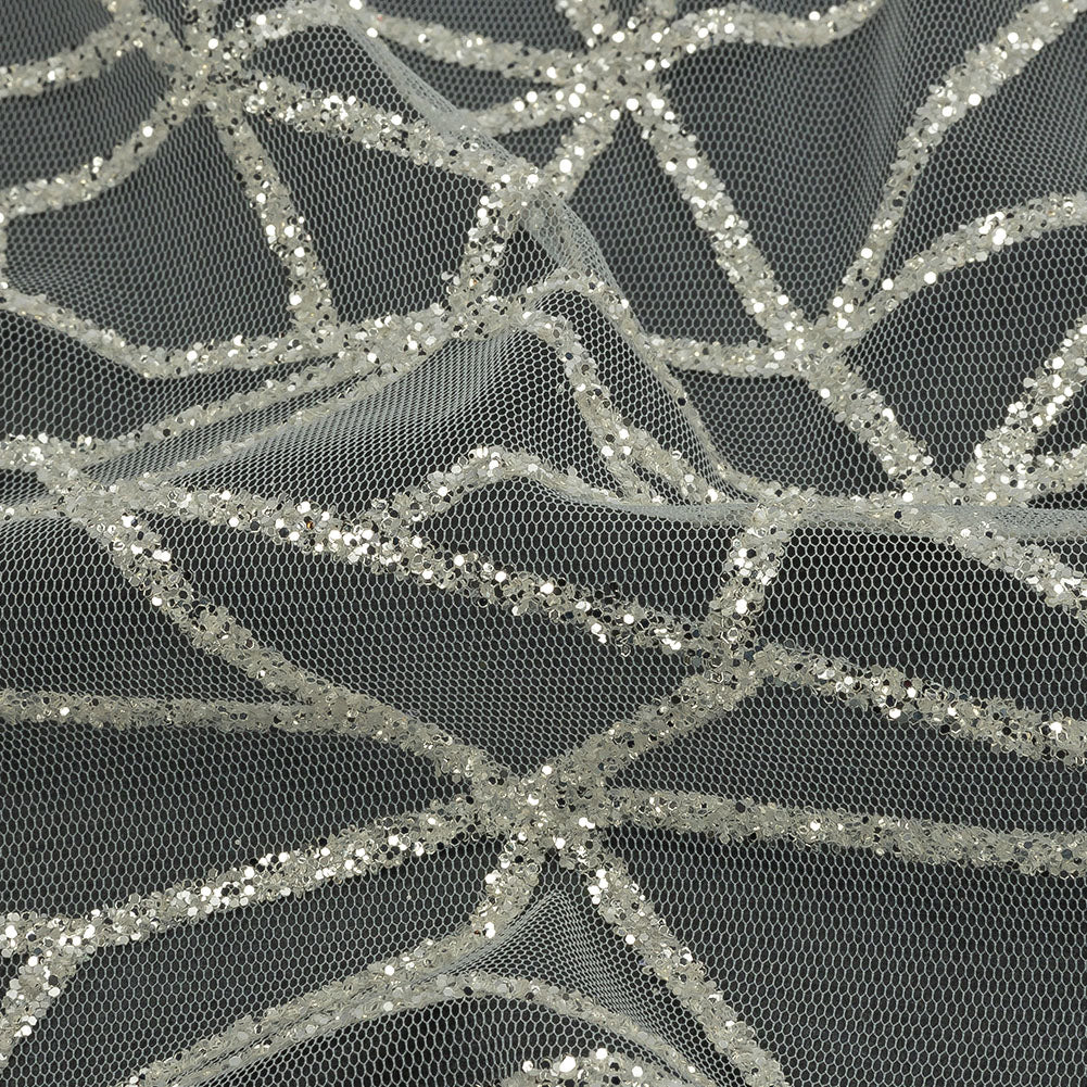 Glitter Tulle - White and Silver Linear Geometry - Detail
